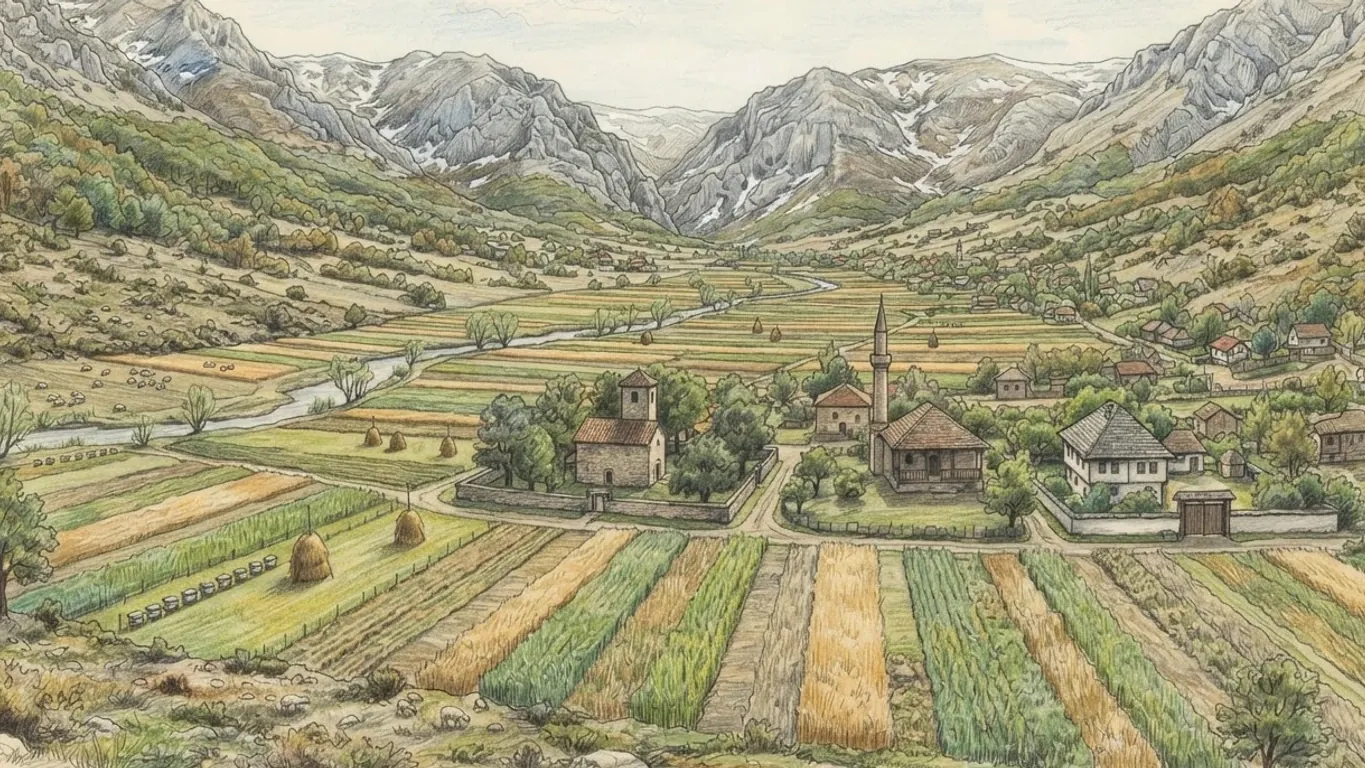 A coloured pencil drawing of a wide valley in Kosovo under snow-streaked limestone mountains: strip fields and haystacks along a river, a stone church and a small mosque with a minaret among trees, and stone houses behind walled yards.