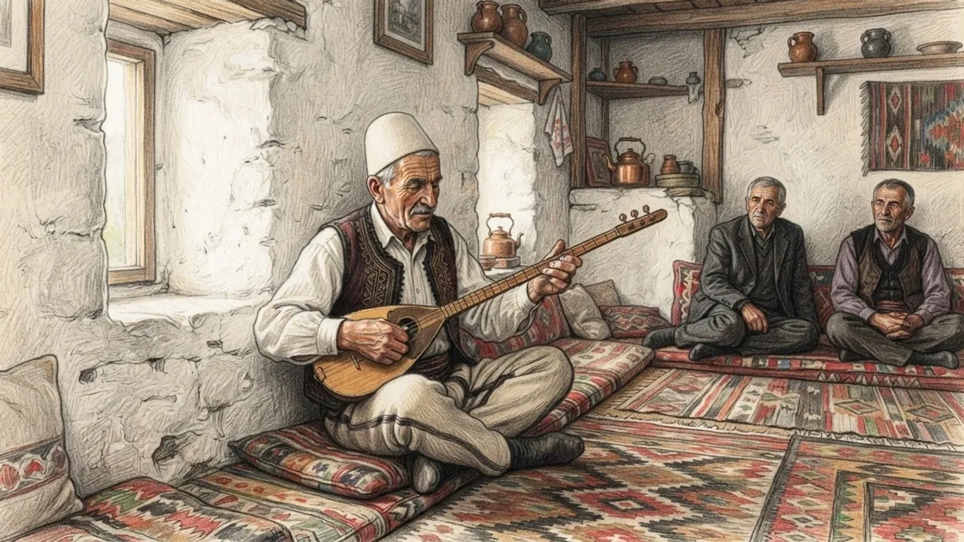 A coloured pencil drawing of an old man in a white felt plis cap and embroidered waistcoat playing a çifteli, seated cross-legged on cushions in a whitewashed stone room, two men sitting against the wall listening.