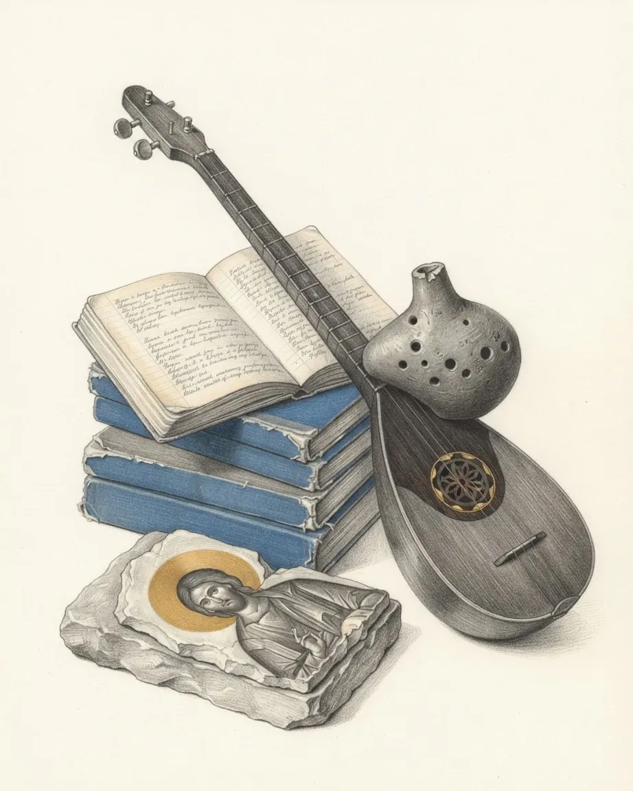 A graphite still life: a çifteli lute with a long fretted neck, a clay ocarina resting on it, a stack of blue-bound books with one lying open, and a broken stone fragment painted with a haloed figure on gold.