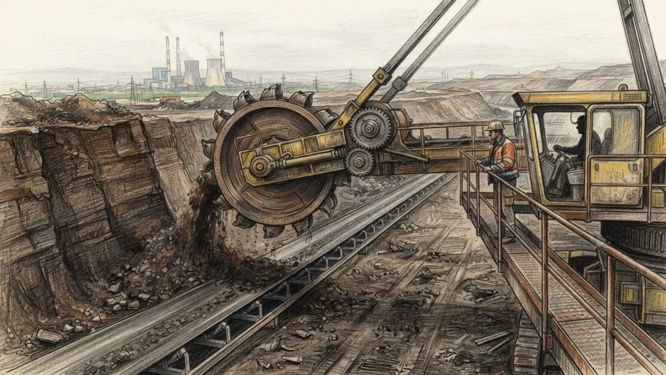 A coloured pencil drawing of a bucket-wheel excavator cutting into a brown lignite face in an opencast mine, the coal falling onto a conveyor, a miner in a hard hat standing at the walkway rail and power station cooling towers beyond.