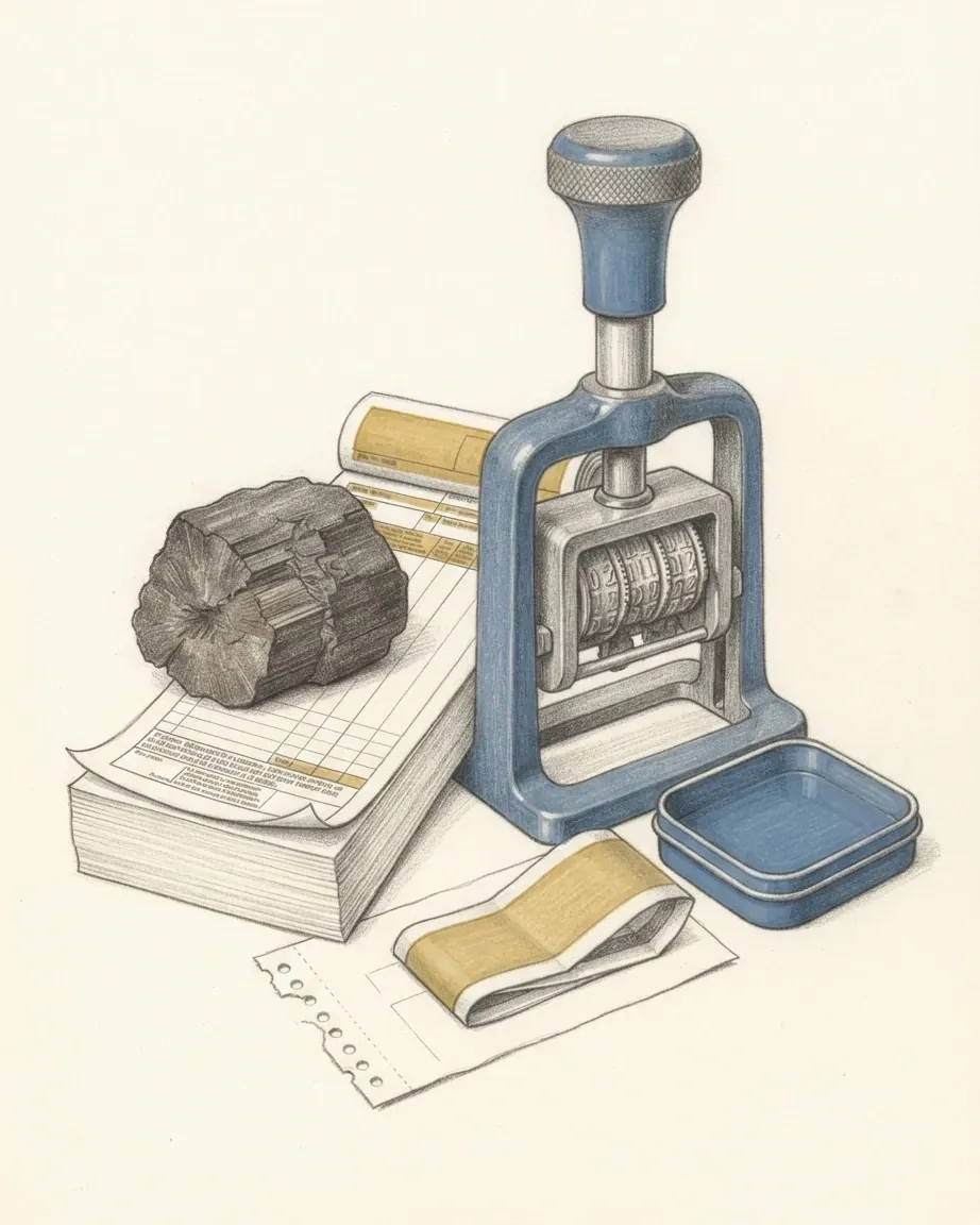 A graphite still life: a blue cast-iron date stamp on its stand, a lump of brown lignite resting on a stack of customs forms, an open ink tin and a folded roll of banknotes in a gold band.