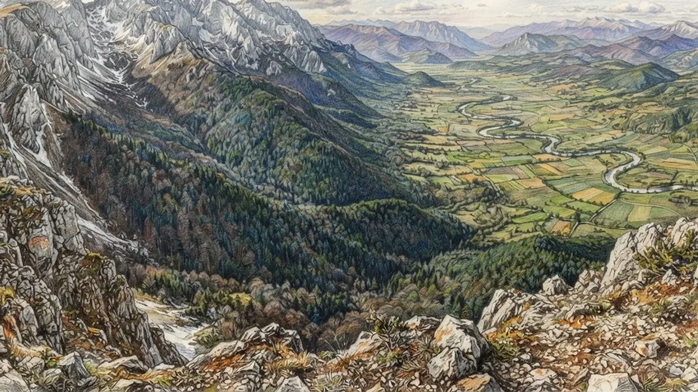 A coloured pencil drawing from a rocky limestone ridge looking down over forested slopes into a broad basin of fields with a river winding across it and ranges of mountains on the horizon.