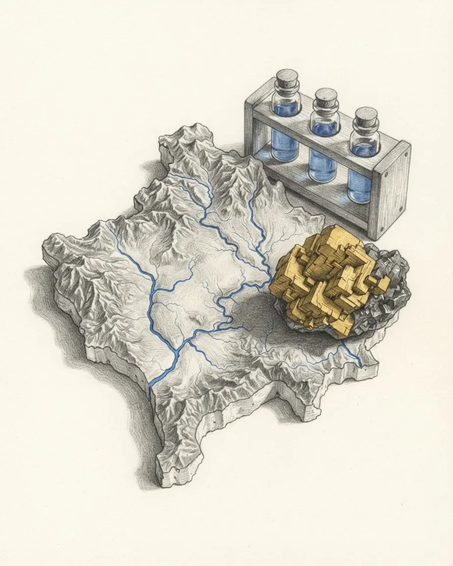 A graphite still life: a cast relief model of Kosovo with its mountain rim raised and rivers traced in blue, a gold mineral specimen resting on it and a rack of three stoppered glass vials of blue water behind.
