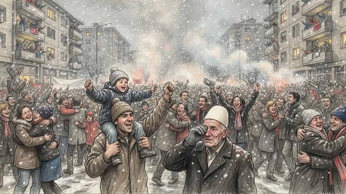 A coloured pencil drawing of a crowd in winter coats and knitted hats celebrating in a snowy street between apartment blocks, a father carrying a child on his shoulders and an old man in a white felt cap wiping his eyes.