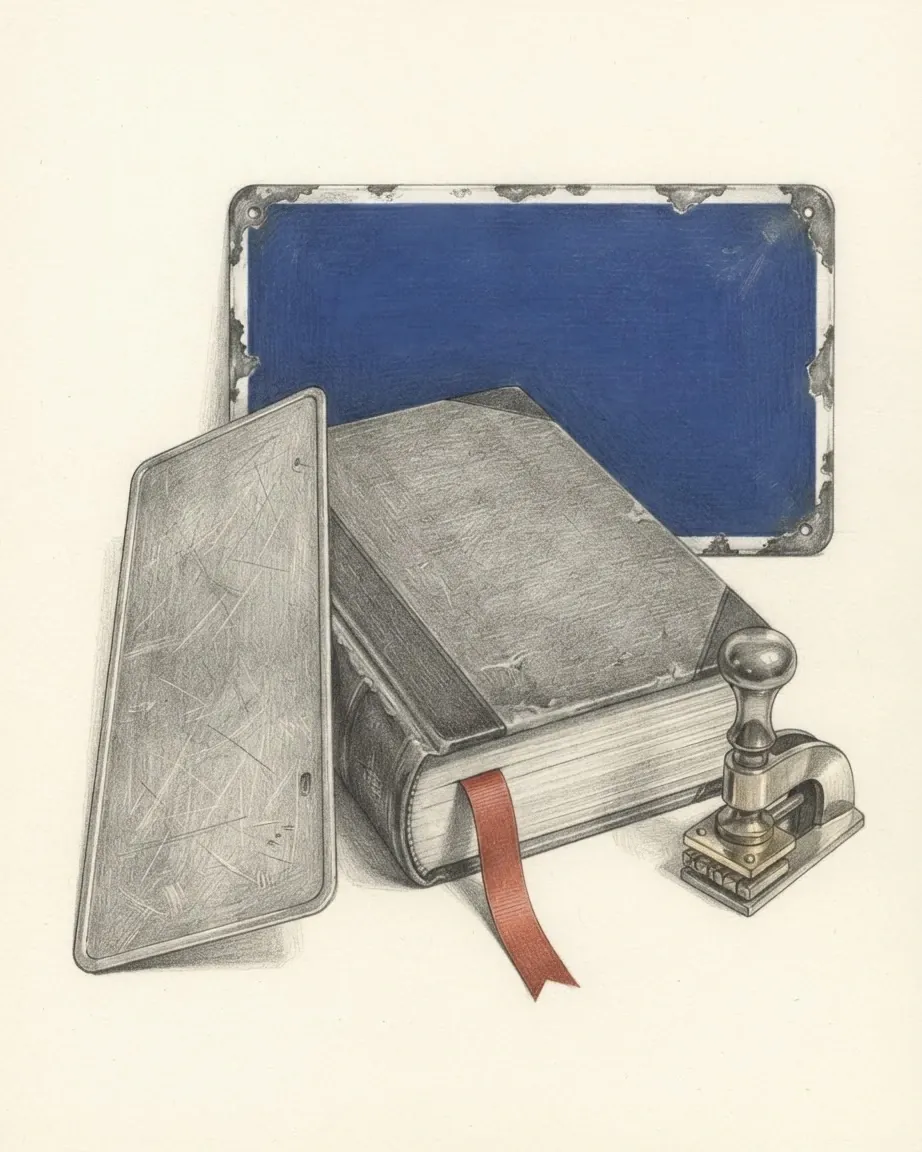A graphite still life: a heavy closed folio with a red ribbon marker, a blank blue enamel sign with chipped white edges behind it, a blank metal plate leaning against it and a small brass hand press.