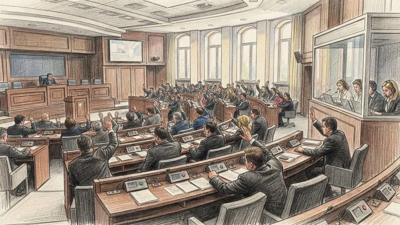 A coloured pencil drawing of deputies raising their hands to vote at curved rows of wooden desks in a panelled assembly hall, the Speaker at a raised desk and interpreters in headsets in a glass booth at the side.