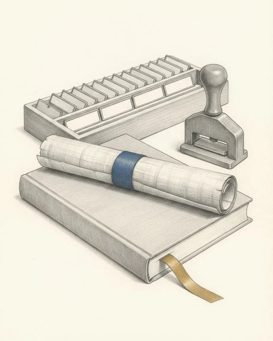 A graphite still life: a closed bound book with a gold ribbon marker, a rolled document tied with a blue band lying across it, a tray of blank index cards and a hand stamp.