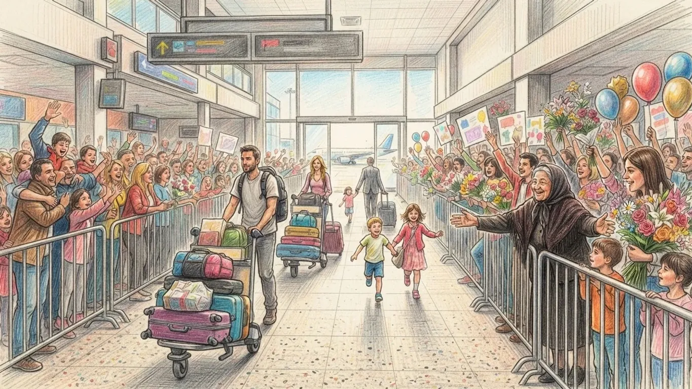 A coloured pencil drawing of the arrivals hall at Pristina airport in summer, travellers pushing luggage trolleys towards families crowding the barriers with flowers and balloons, a grandmother in a headscarf reaching out her arms and children running ahead.