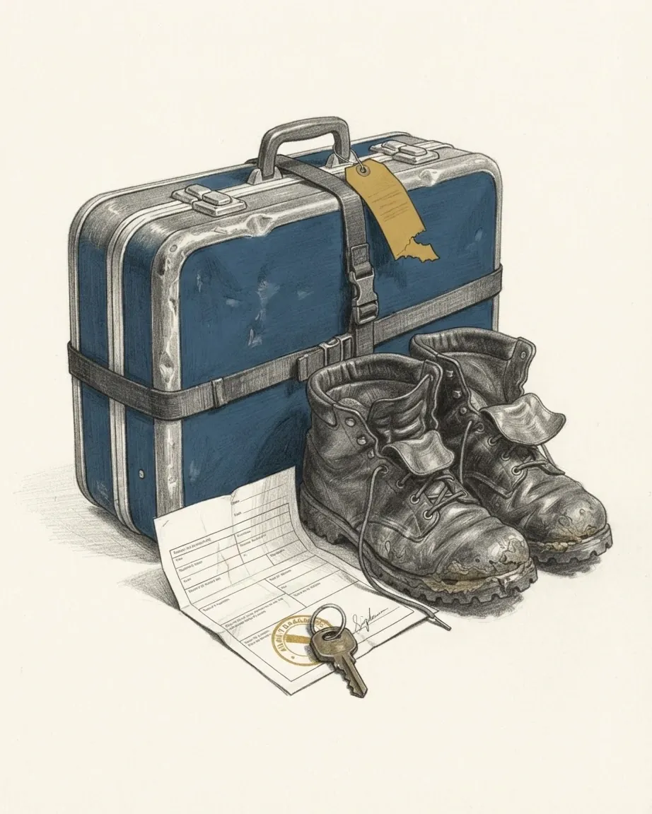 A graphite still life: a dented blue hard-shell suitcase with a luggage strap and a gold baggage tag, a pair of worn leather boots, and a stamped travel form with a key lying on it.