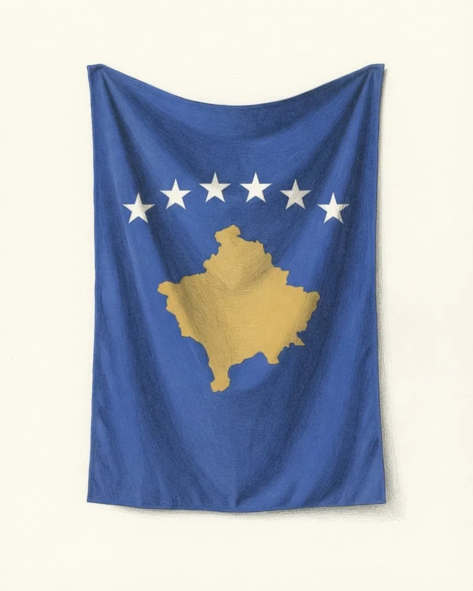 The flag of Kosovo drawn as a woven cloth hanging in soft folds, blue with a gold map of the country and an arc of six white stars above it.