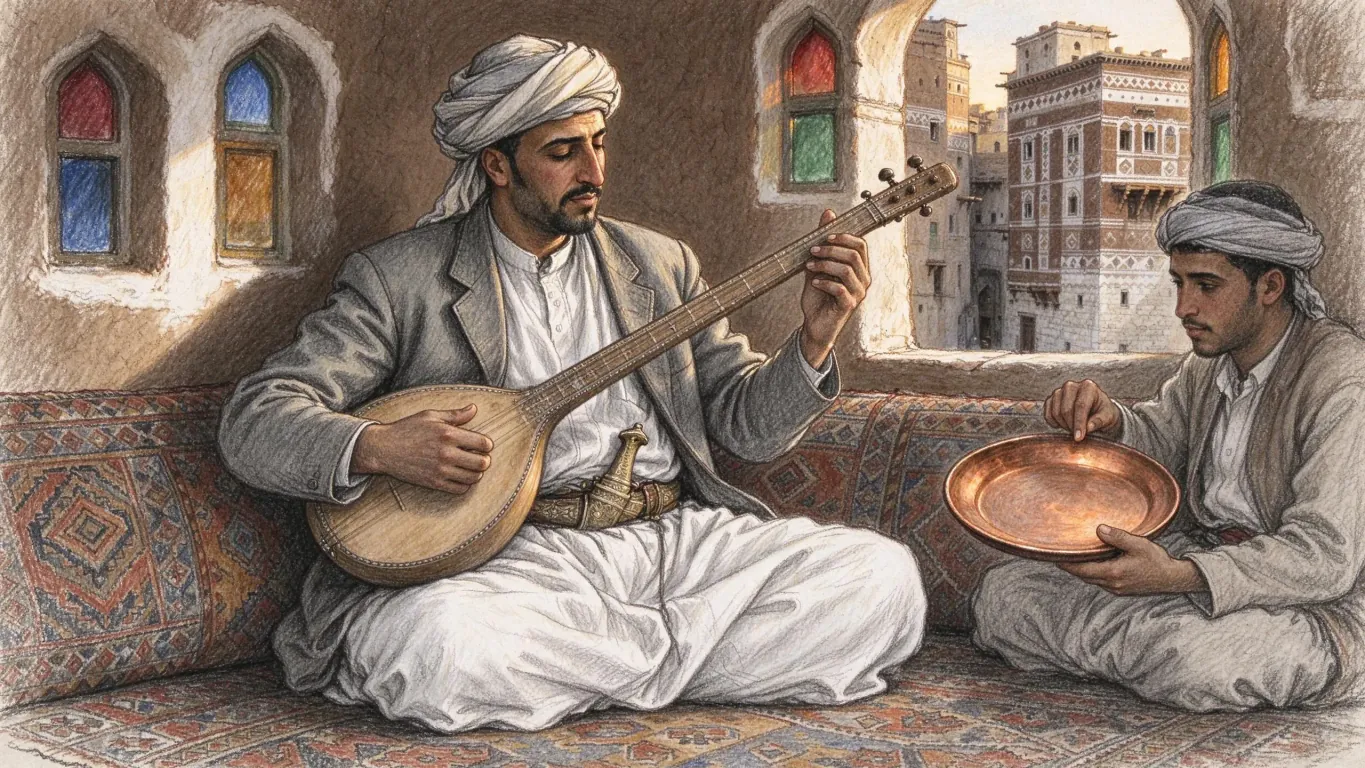 A man in a turban, jacket and dagger plays a short-necked lute on floor cushions while a companion taps a copper tray, coloured-glass windows and tower houses behind.