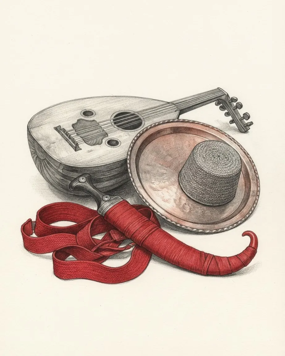 A short-necked lute lying beside a copper tray holding a woven cane hat, with a curved dagger in a red sheath on a coiled red belt.