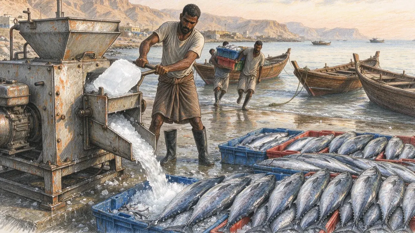 A fisherman feeds ice into a crushing machine on a beach landing, crushed ice pouring over crates of tuna, wooden boats and brown cliffs behind.