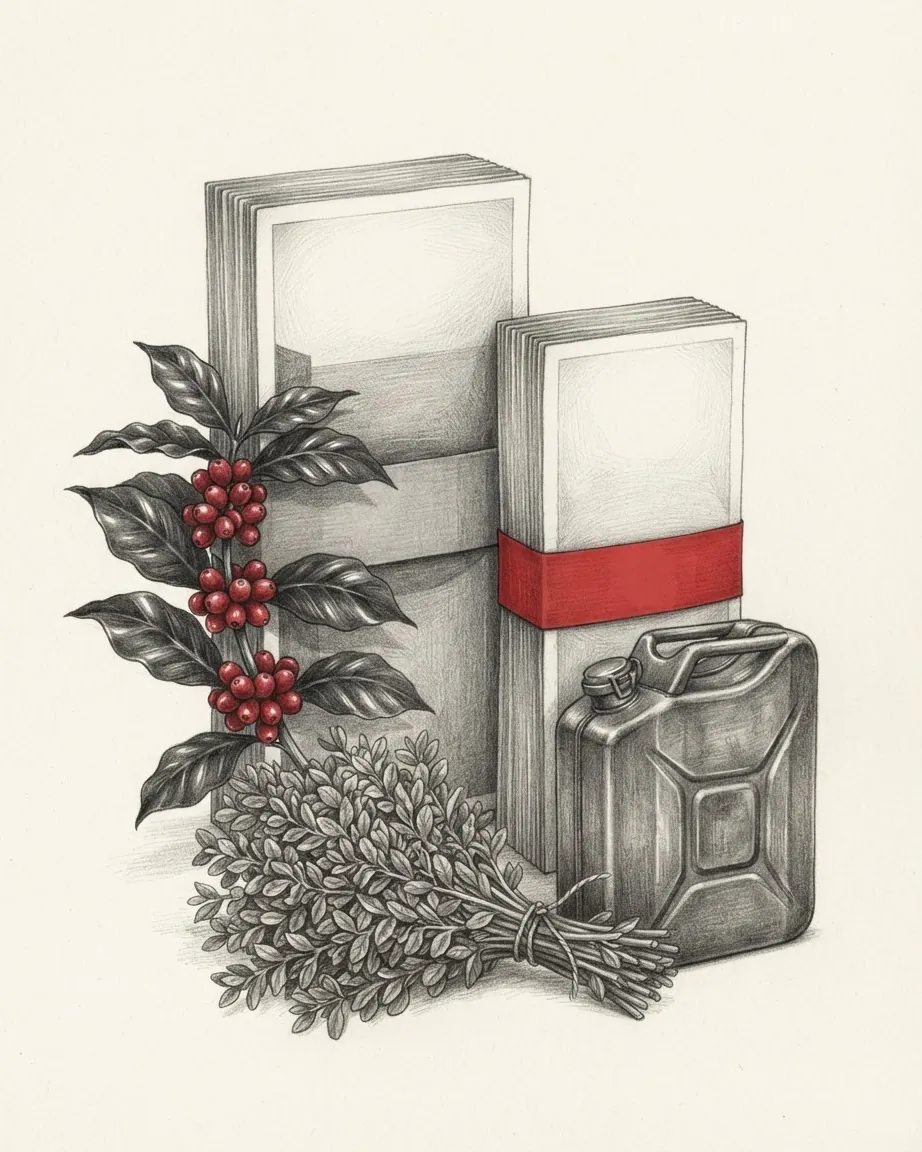 Two blank bundles of paper notes of different sizes, one with a red band, a coffee branch with red cherries, a bunch of khat stems and a steel jerrycan.