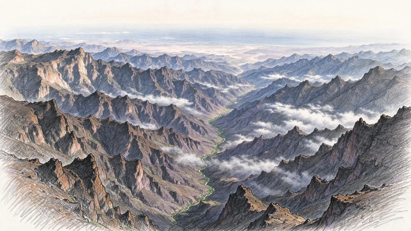 A high view over jagged dark mountain ridges and deep gorges with cloud lying in the valleys and a hazy plain beyond, nothing built in sight.