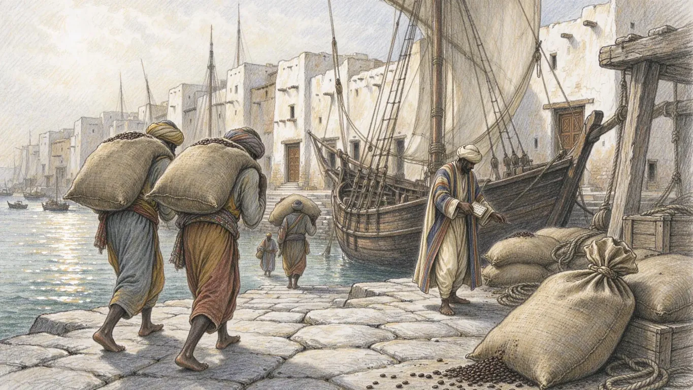 Porters in kilts and turbans carry sacks of coffee along a stone quay at Mocha towards a wooden sailing ship, a merchant checking the sacks by whitewashed warehouses.