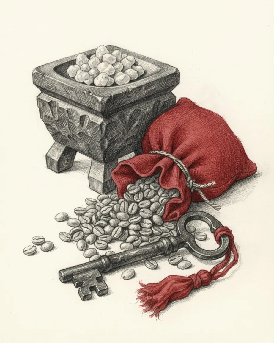 A graphite still life: a carved stone incense burner holding pale lumps of frankincense, a red cloth sack spilling green coffee beans and an iron gate key with a red tassel.