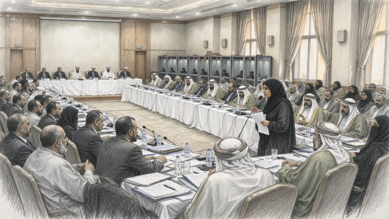 A conference hall of delegates at long white tables, men in suits, robes and turbans beside women in black headscarves, as a woman stands at a microphone to speak.