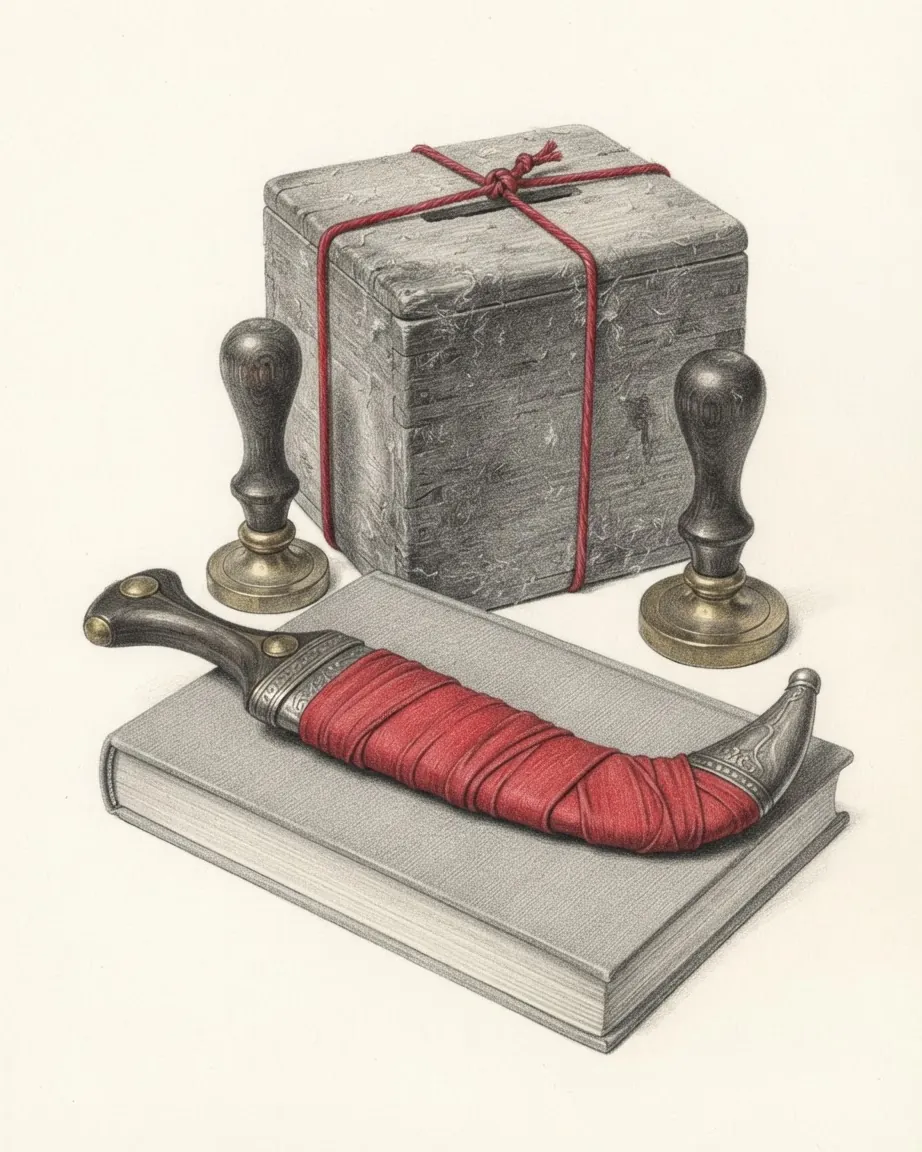 A dusty wooden ballot box tied shut with red cord, two brass hand seals either side of it and a curved dagger in a red-bound sheath lying on a closed book.