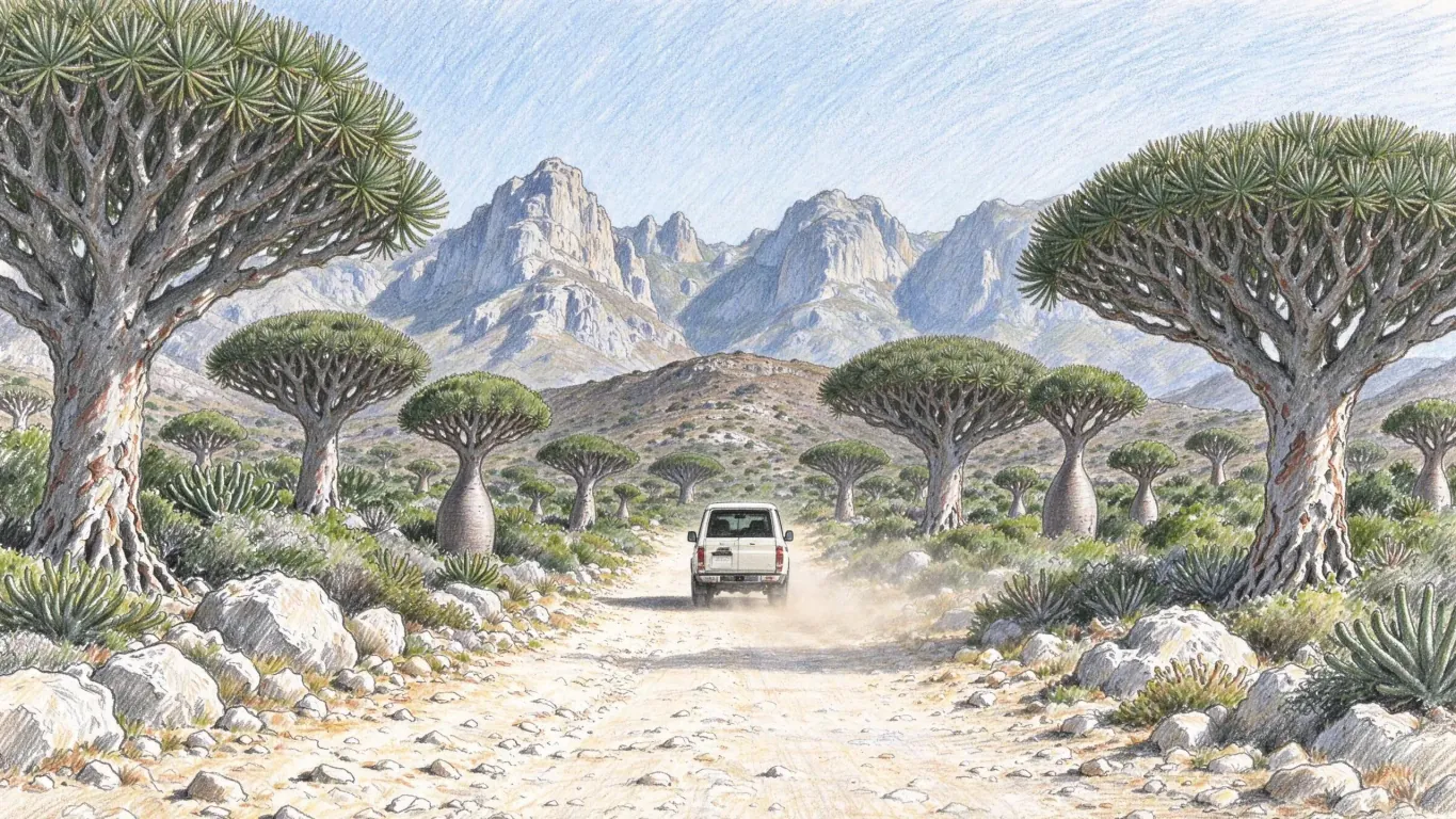 A white four-wheel-drive vehicle drives along a pale dirt track on Socotra between umbrella-crowned dragon's blood trees towards granite mountains.
