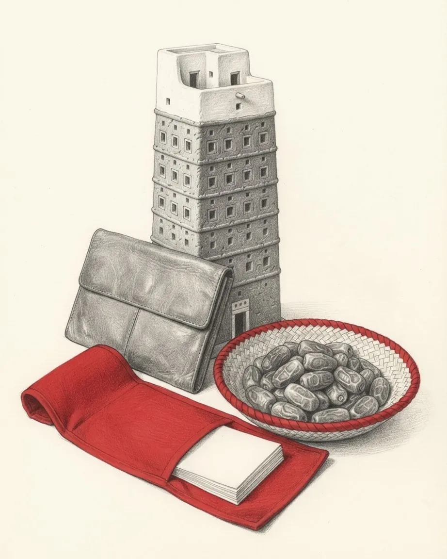 A clay model of a mud-brick tower house, a closed leather wallet, an open red money belt with blank notes and a woven basket of dates.